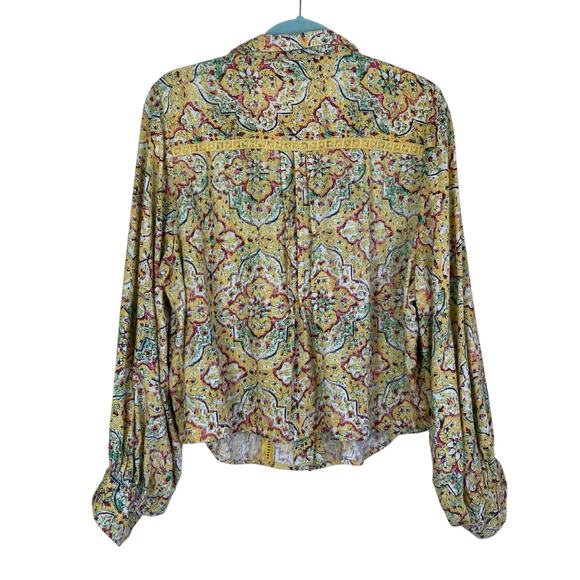 Anthropologie Pilcro Sz 1X Pintuck Peasant Blouse Yellow Floral Crochet Cottage - Picture 7 of 16